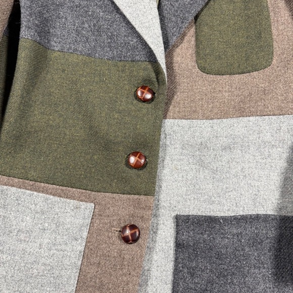 Vintage 90s Wool Patchwork Colorblock Blazer Jacket Women Size 4 Leather Buttons - Picture 3 of 10